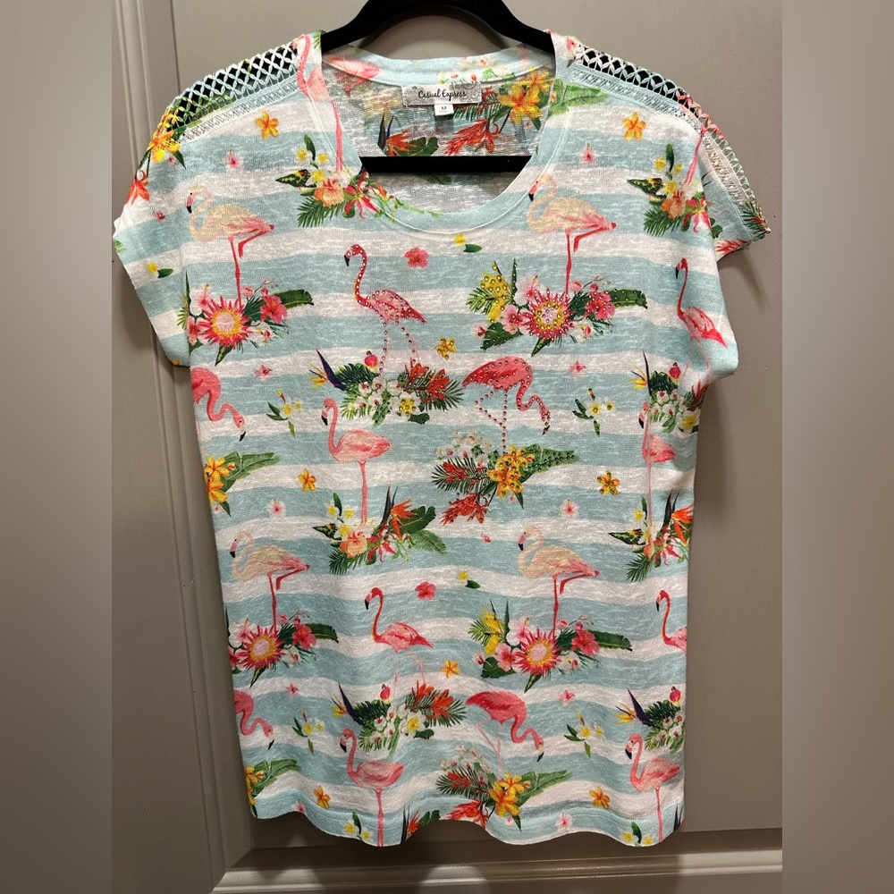 Casual Express Size M Striped Flamingo Top NWOT
